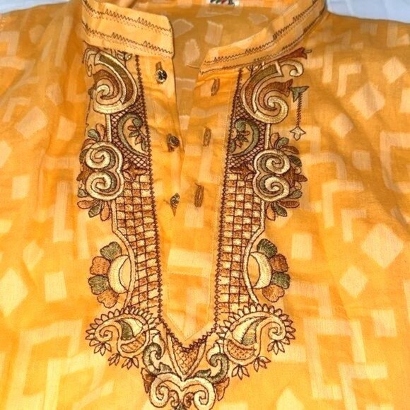 Vintage Yellow Embroidered Geometric Pattern Tunic Top With Buttoned Neckline & - Picture 2 of 7
